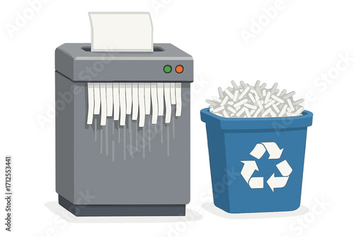 Office paper shredder destroying a document for data security and information privacy. A recycle bin for paper waste management. Concept of confidentiality and recycling.