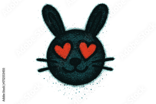 Graffiti spray paint rabbit with heart eyes. In love bunny character concept. Street art vector illustration. Cute cartoon animal head. Textured aerosol stencil design element.
