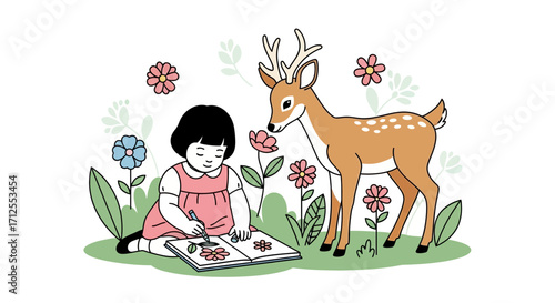 Girl And Deer Enjoy A Day Of Art And Nature With Flowers And Greenery