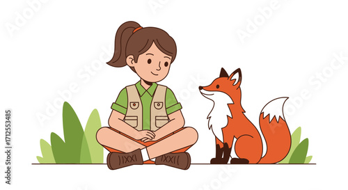 Girl And Fox Friendship, Nature Connection, Wildlife Illustration, Peaceful Scene