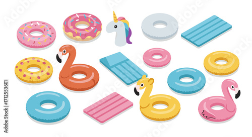 Colorful inflatable pool toys collection in isometric style