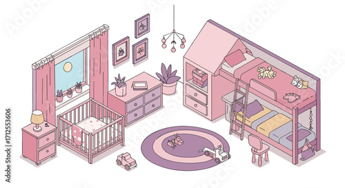 Cozy pastel children’s room with bunk bed and crib in isometric style