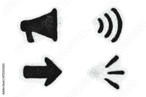 Grunge spray painted graffiti elements. Megaphone, arrow, sound wave icons for retro dirty design. Textured vector stencil illustration. Sprayed street art symbols isolated.