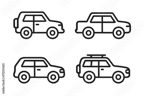 Car icon collection. Minimalist line art vector set. SUV, off-road vehicle, and hatchback silhouettes. Simple black outline graphic for transport and auto design concept.