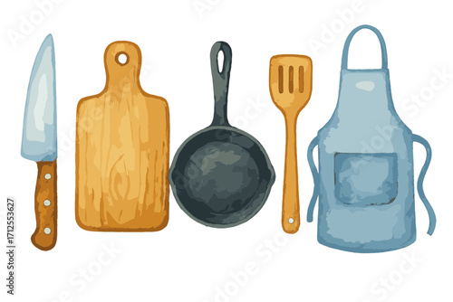 Colorful kitchen tools arranged neatly for cooking preparation with a focus on culinary items and utensils