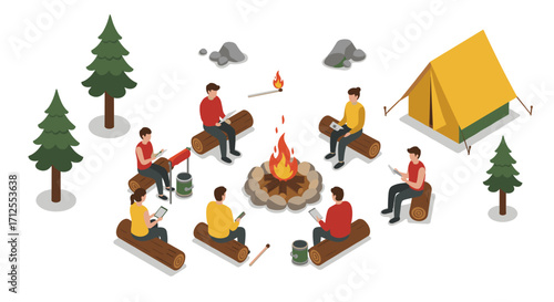Isometric camping scene with people relaxing around campfire