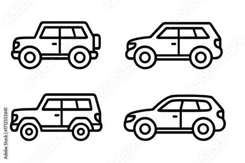 Set of SUV car line icons. Minimalist vector illustration of various off-road vehicles. Automobile, crossover and transport symbols for graphic design. Outline style.