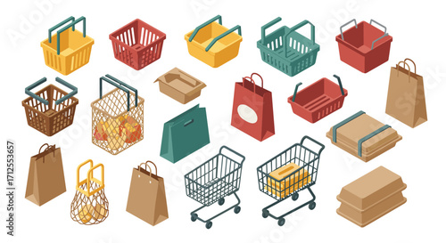 Diverse shopping cart and bag collection in modern isometric design