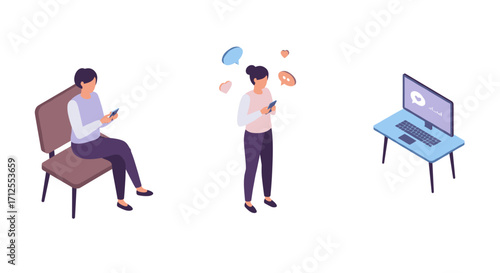 Isometric people using smartphones and social media apps around a desk with computer