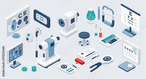 Modern optometry clinic tools and equipment in isometric style