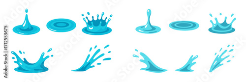 Water splash designs featuring various droplet forms and effects in bright blue color palette