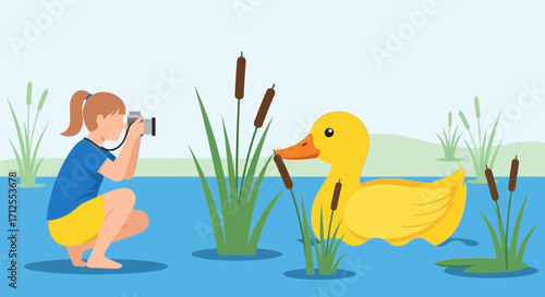 Girl Capturing Duck Moments In A Serene Water Scene With Natural Elements