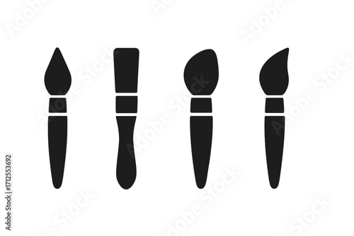 Paintbrush icon set. Black silhouette collection of artist tools for creative design. Vector graphic illustration for painting, drawing, and art projects. Minimalist flat design element.