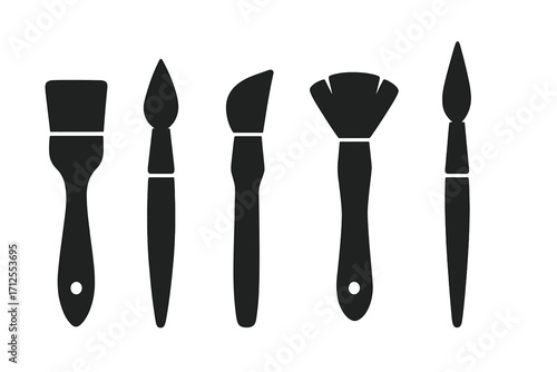 Minimalist paintbrush icon set in black silhouette style. Vector illustration of various artist tools for creative design projects. Art supplies for painting and crafts.