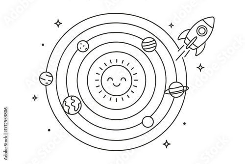 Solar system line art icon set. Planets orbit cute sun. Rocket launching into space. Astronomy, cosmos, and galaxy exploration concept. Cartoon vector illustration for kids.