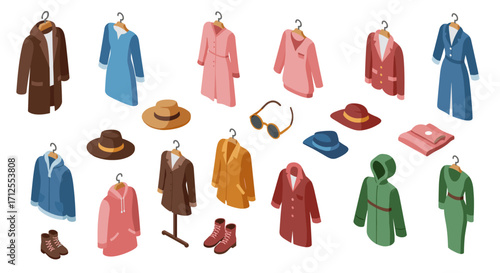 Isometric collection of winter and summer fashion outfits with accessories on hangers