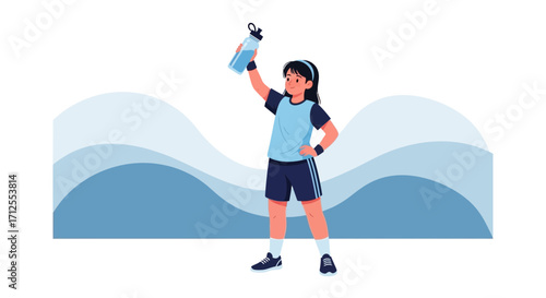 Girl Celebrating Hydration and Fitness with Water Bottle against a Blue Abstract Backdrop