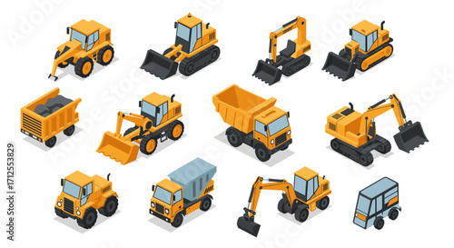 Isometric construction vehicles set: detailed 3d illustrations of heavy machinery