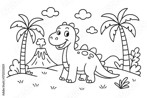 Dinosaur coloring page for kids. Cute cartoon dino in a prehistoric landscape with volcano and palm trees. Vector outline illustration for children's activity book. Black and white.