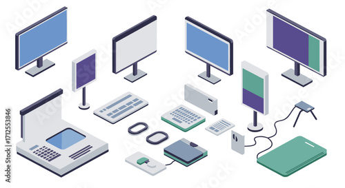 Isometric technology devices set: computers, tablets, laptops, and monitors in modern design