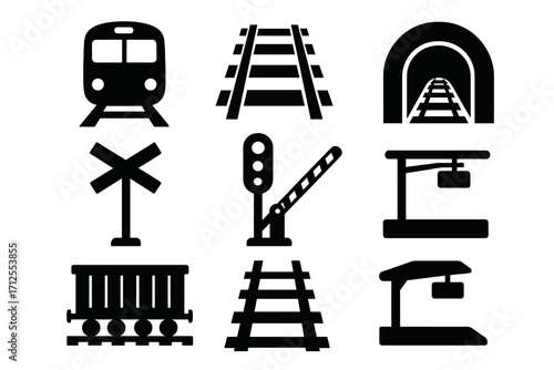 Railway icon set. Train and railroad silhouette collection. Vector elements for transport design. Track, tunnel, barrier, station, signal, and locomotive symbols. Simple glyphs.