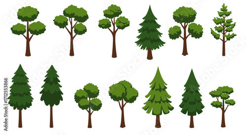 Collection of stylized cartoon trees with various shapes and sizes