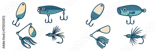 Colorful fishing lures displayed on a white background showcasing different styles and designs for angling during outdoor activities