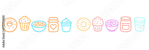 Colorful outline of various desserts including donuts, cupcakes, and ice cream on a white background