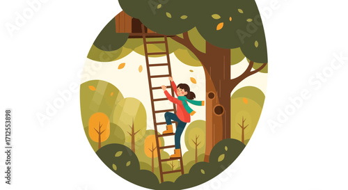 Girl Climbing Ladder To A Treehouse In A Forest Environment Simple Illustration Design
