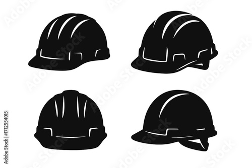 Set of construction helmets, black silhouette vector icons. Industrial safety hard hat for builder, engineer, worker. Head protection gear. Protective headgear symbol collection.