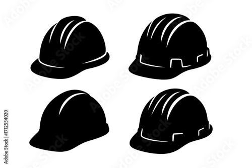 Set of construction helmets in black silhouette style. Hard hat icon collection for builder, worker, or engineer. Safety equipment for building industry. Vector illustration.