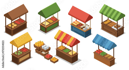 Isometric market stalls with colorful awnings and fresh produce