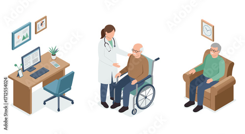 Healthcare professional assisting elderly patients in modern medical office isometric design