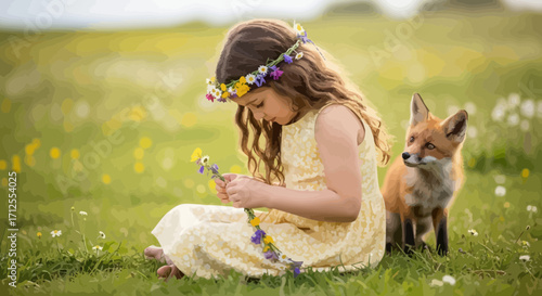 Girl Connecting With Nature While Interacting Peacefully With a Fox Creature on a Meadow