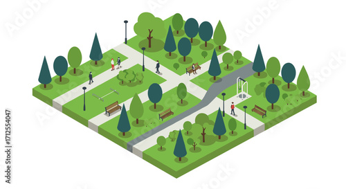 Isometric city park scene with walking paths, trees, and people enjoying outdoor activities