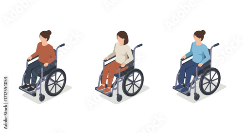 Isometric design of diverse women in wheelchairs highlighting accessibility and mobility