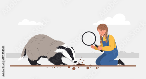 Girl Curious Observing Badger Digging On Ground With Magnifying Glass Illustration