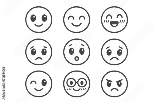 Set of cute line art emojis with various expressions. Vector illustration of minimalist cartoon faces. Collection of happy, sad, angry, surprised, and winking emoticons.