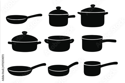 Set of silhouette cooking pots and pans. Kitchenware icons for design. Vector collection of black cookware utensils like saucepan, skillet, casserole. Isolated kitchen elements.