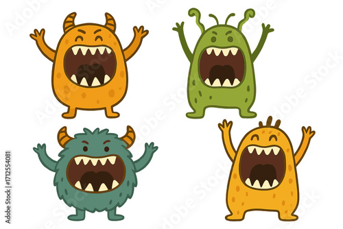 Funny screaming monsters character set. Cute childish beast with big open mouth and teeth shouting. Flat hand drawn vector illustration. Cartoon alien creature mascot pack.