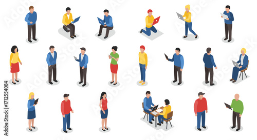 Diverse office workers in isometric style engaged in various activities and interactions
