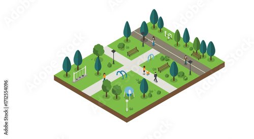 Isometric city park with walking paths and trees