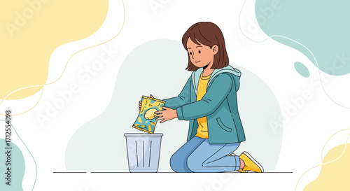 Girl Discarding Empty Snack Packaging in Trash Bin Illustrating Sustainable Choices