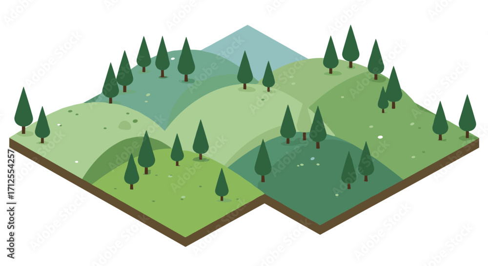 Obraz premium Isometric landscape with green hills and pine trees in geometric style