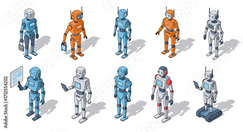 Diverse humanoid robots in isometric style with futuristic technology features