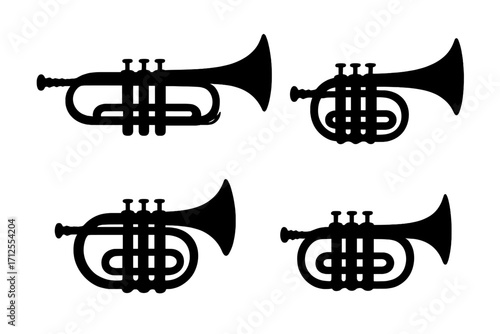 Set of trumpet and cornet silhouettes. Vector icons of brass musical instruments. Jazz and classical music concept. Bugle and horn collection for orchestra or band logo design.