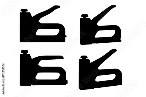 Set of staple gun silhouettes. Tacker gun vector icons collection. Carpentry, upholstery and repair tool. DIY construction and woodworking equipment. Manual industrial hardware.