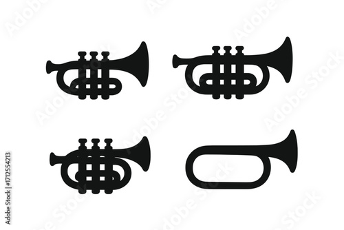 Trumpet silhouette icon set. Vector graphic of various brass instruments. Minimalist design for music, jazz, orchestra concepts. Bugle, cornet, fanfare symbols collection.