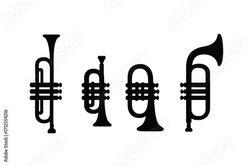 Set of various brass instrument icons like trumpet, cornet, bugle. Black silhouette vector graphic collection for jazz band, orchestra, or classical music concepts. Fanfare.