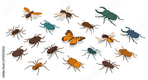 Diverse collection of insects in detailed flat design with butterflies and beetles